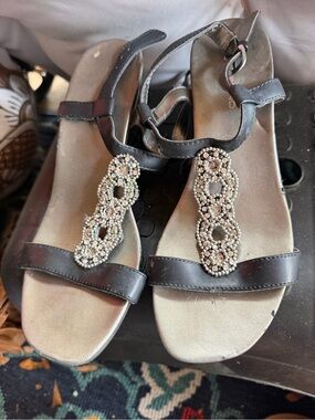 Women's Black Jeweled T-Strap Sandals